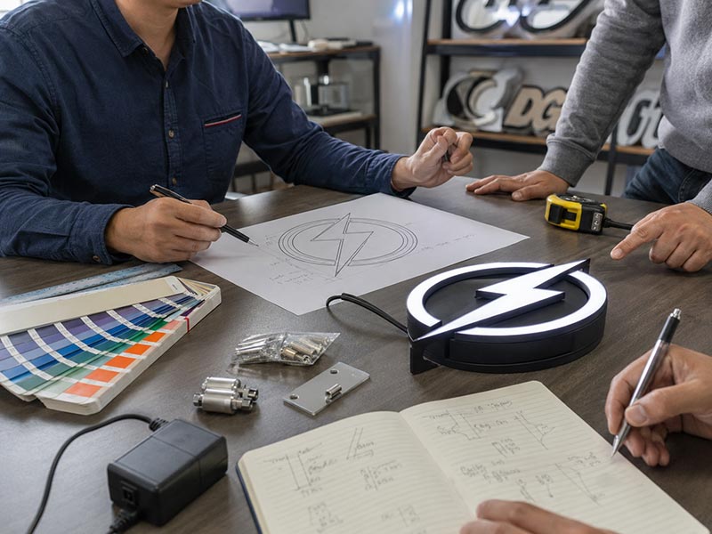 Custom LED sign order confirmation with logo drawing, color swatches, mounting accessories, power supply, and sign sample on a worktable