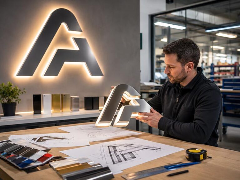 Custom LED sign ordering checklist with illuminated logo sign, production drawings, material samples, and factory engineer review before production