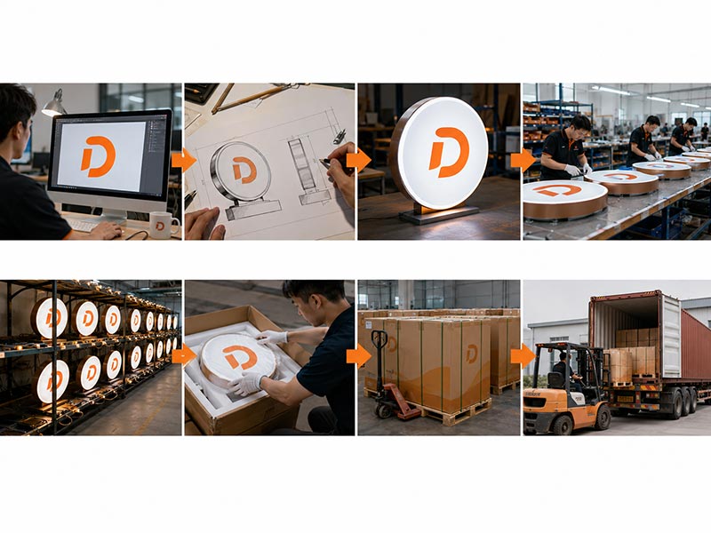 Custom LED sign process from logo file and drawing to production, testing, packing, and shipment by Iduoduo