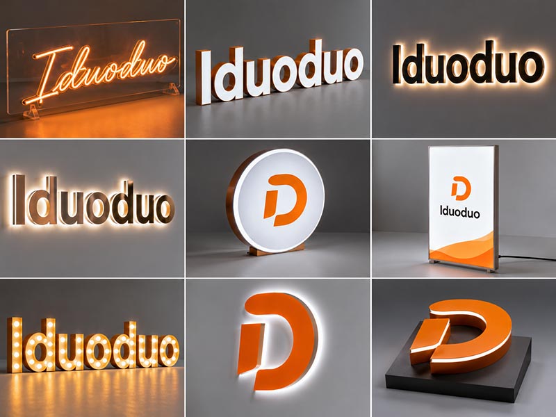 Custom LED neon signs, channel letters, acrylic logo signs, and light boxes manufactured by Iduoduo