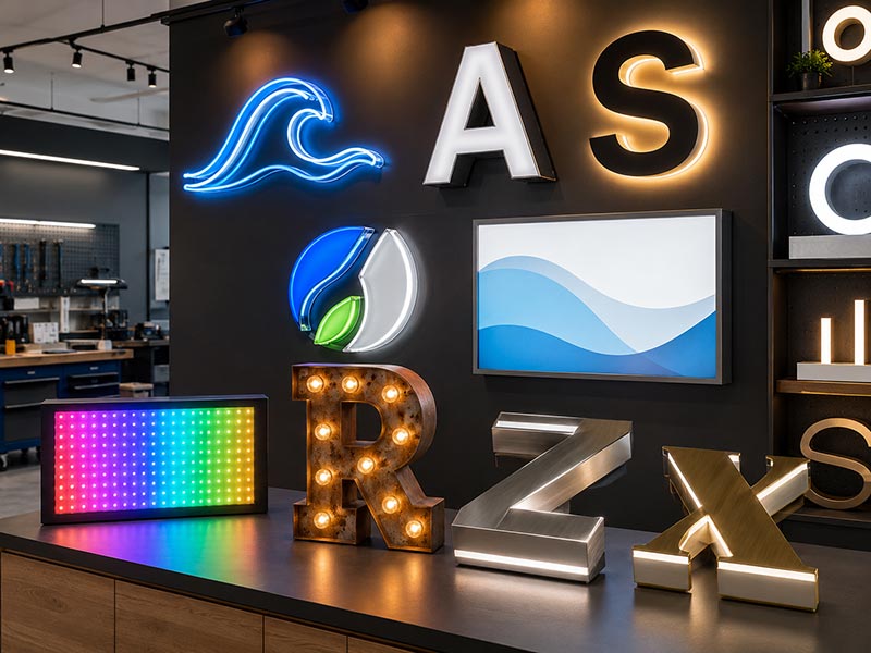 Custom LED sign product range including LED neon signs, channel letters, acrylic logo signs, light boxes, RGB signs, marquee letters, and metal LED letters