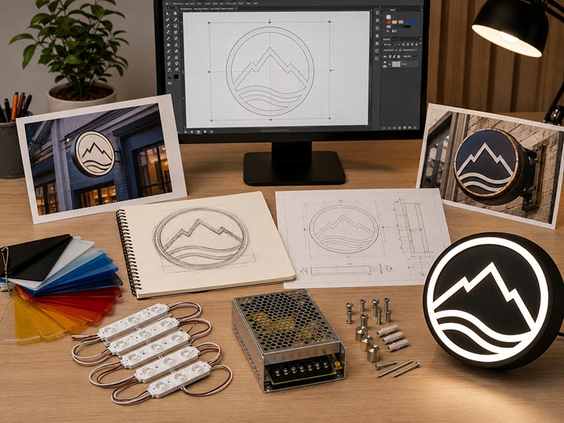 Custom LED sign project inputs including logo file, storefront photo, sketch, drawings, LED components, and sign sample