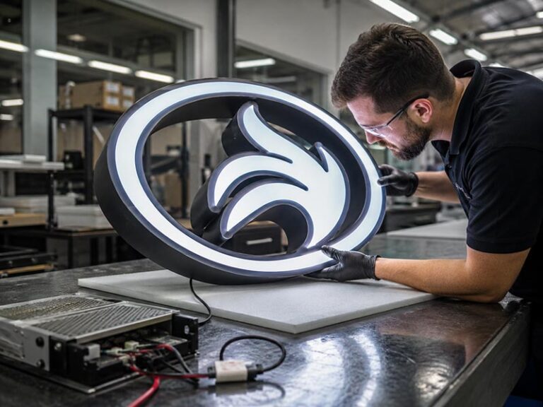 Technician inspecting a custom illuminated LED sign in a factory workshop during quality control before shipment
