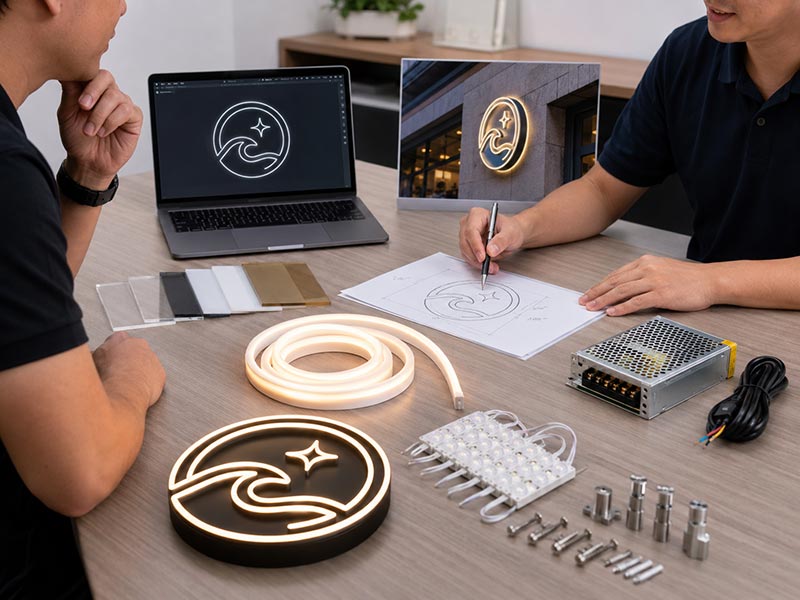 Custom LED sign quote checklist with logo file, storefront photo, size notes, material samples, LED neon flex, and sign components