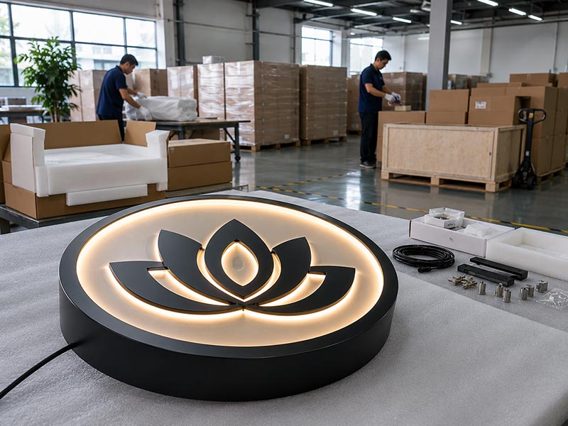 Finished custom LED signs tested, packed, and ready for export shipment from Iduoduo factory
