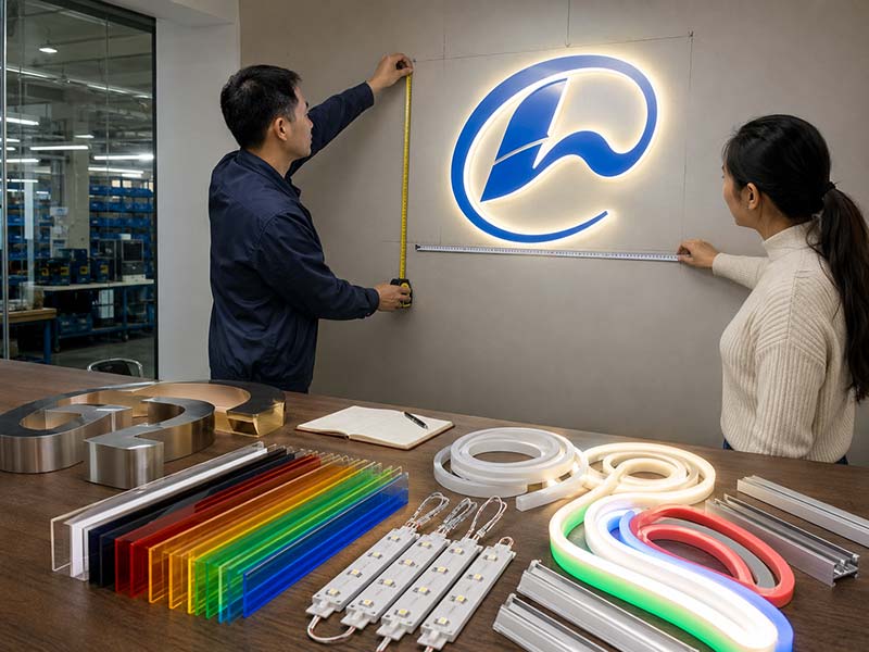 Custom LED sign size and material confirmation with wall measurement, acrylic samples, LED neon tubing, metal letters, and LED modules
