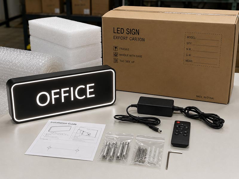 Custom LED signage kits with accessories packing and labels for export orders