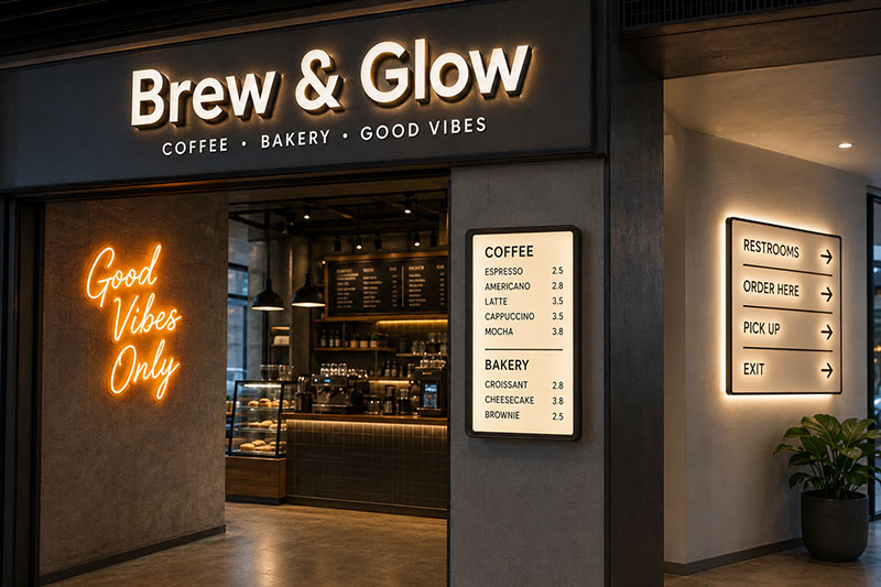 Custom LED signs in a commercial cafe space with channel letters, LED neon wall sign, lightbox, and wayfinding signage