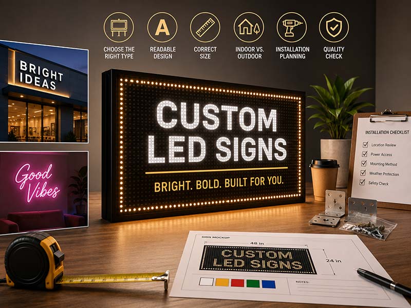 Custom LED signs ordering guide showing sign type, readable design, correct size, installation planning, and quality checklist