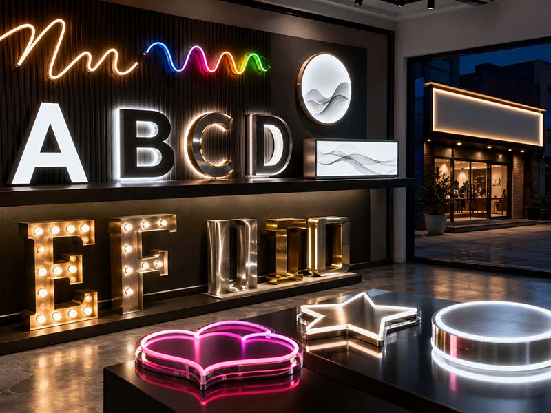 Custom LED signs product range including neon signs channel letters light boxes and logo signs