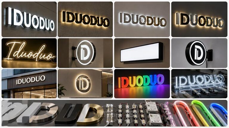 Custom LED sign types manufactured by Iduoduo including channel letters neon signs light boxes and storefront signs