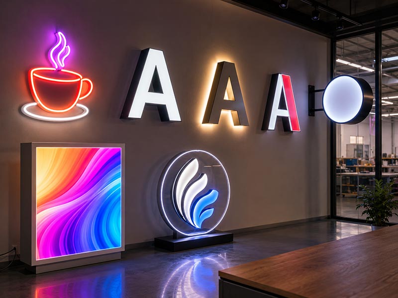 Custom LED sign types displayed in a professional showroom, including LED neon signs, channel letters, light boxes, acrylic logo signs, and blade signs.