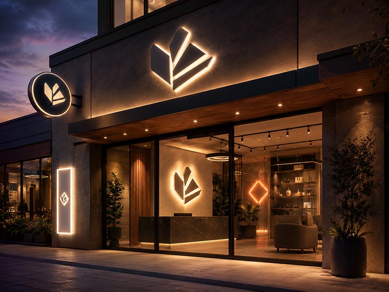 Custom LED signs guide cover showing storefront illuminated signs, LED neon signs, channel letters, light boxes, acrylic logo signs, and blade signs for business branding.