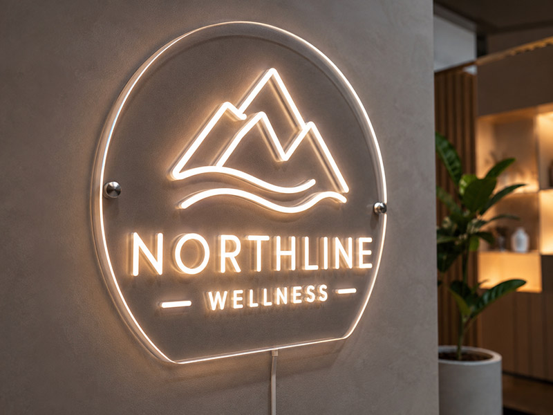 Custom LED neon logo sign with clean acrylic backing
