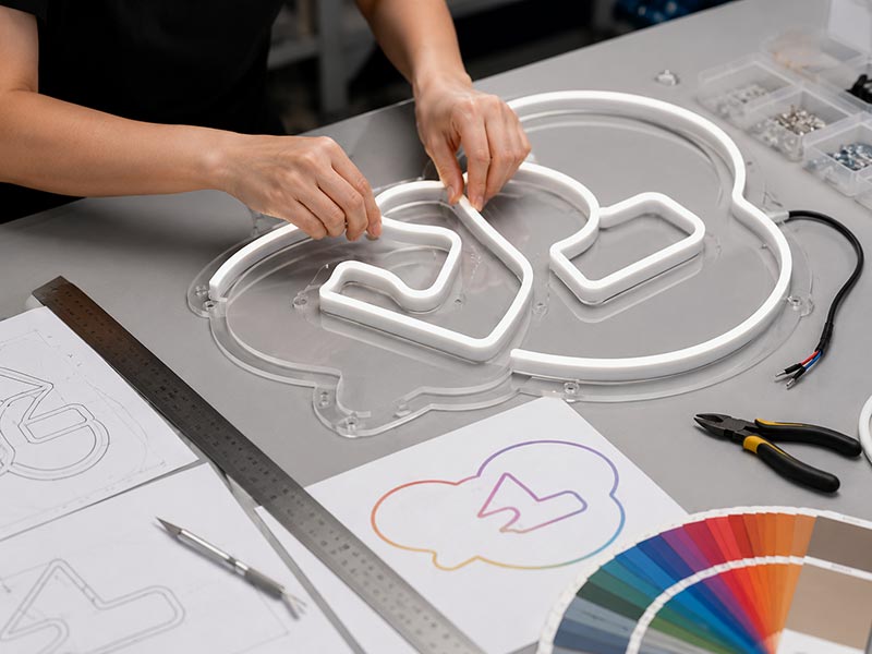 Custom LED neon logo sign being assembled on acrylic backing