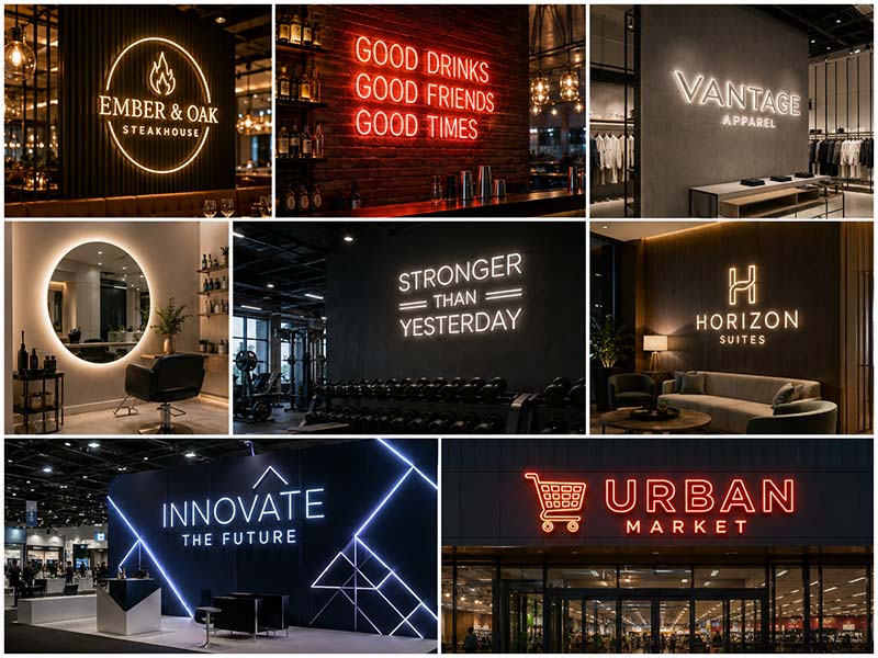 Custom LED neon signs installed in restaurants bars retail stores salons gyms hotels events and chain stores