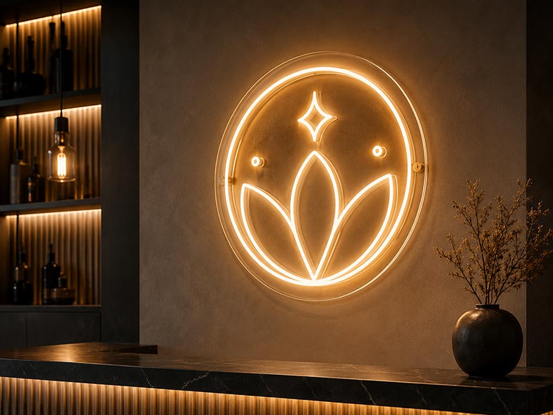 Custom LED neon sign installed on a commercial brand wall