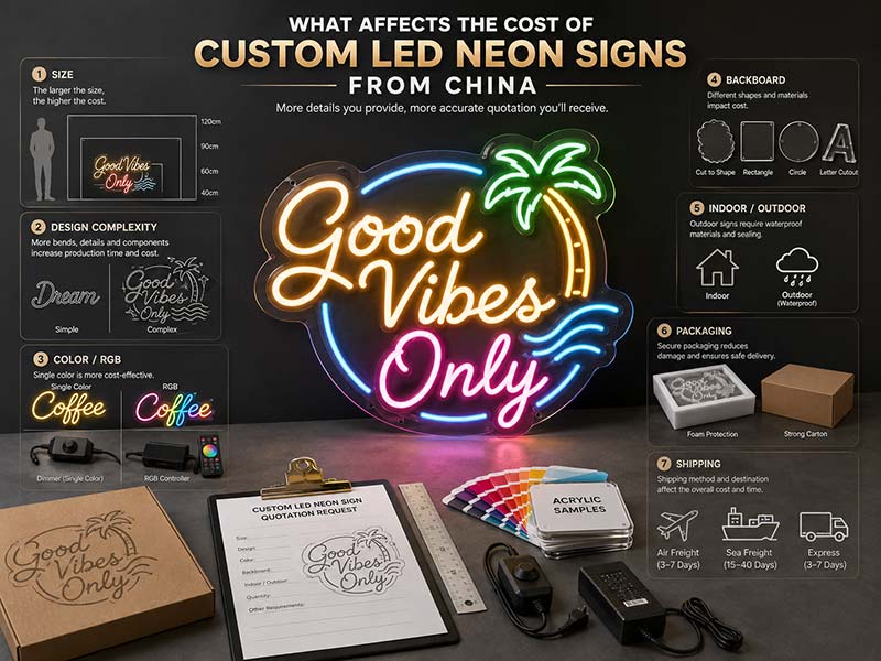 Custom neon sign cost factors including size, color, acrylic backboard, accessories, packaging, and shipping