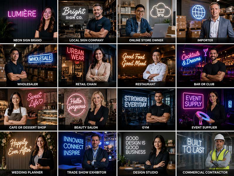 Custom neon signs for neon brands, sign companies, online stores, importers, wholesalers, restaurants, bars, cafés, salons, gyms, events, weddings, trade shows, design studios, contractors, and retail chains