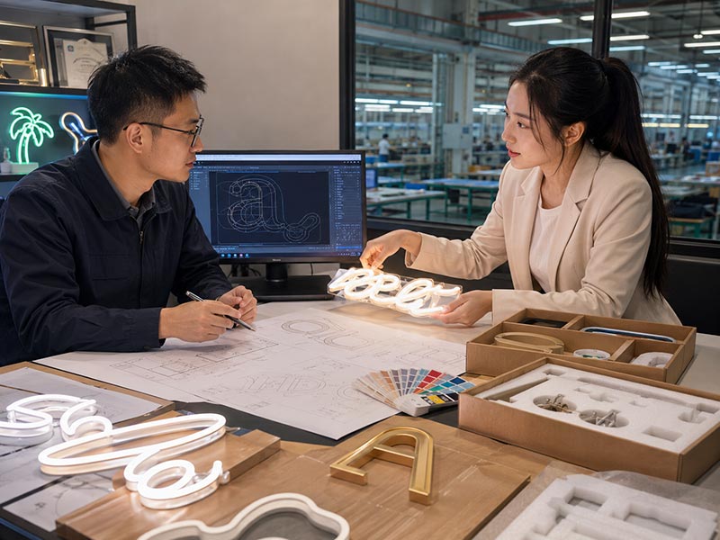Custom neon sign consultation with engineer and production drawing