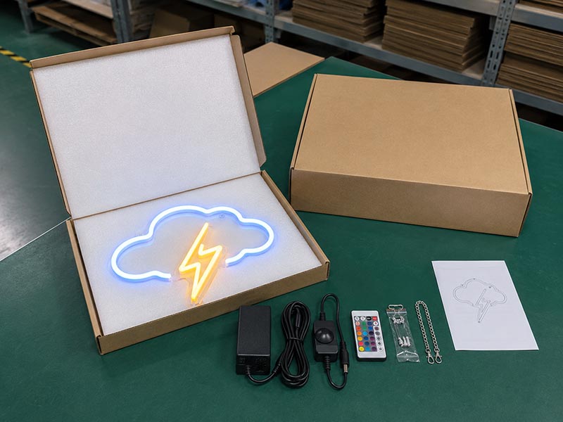Custom LED neon sign packaging with accessories and protective foam