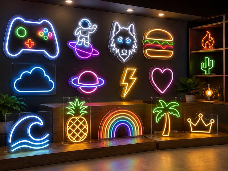 Finished custom LED neon sign samples in factory showroom