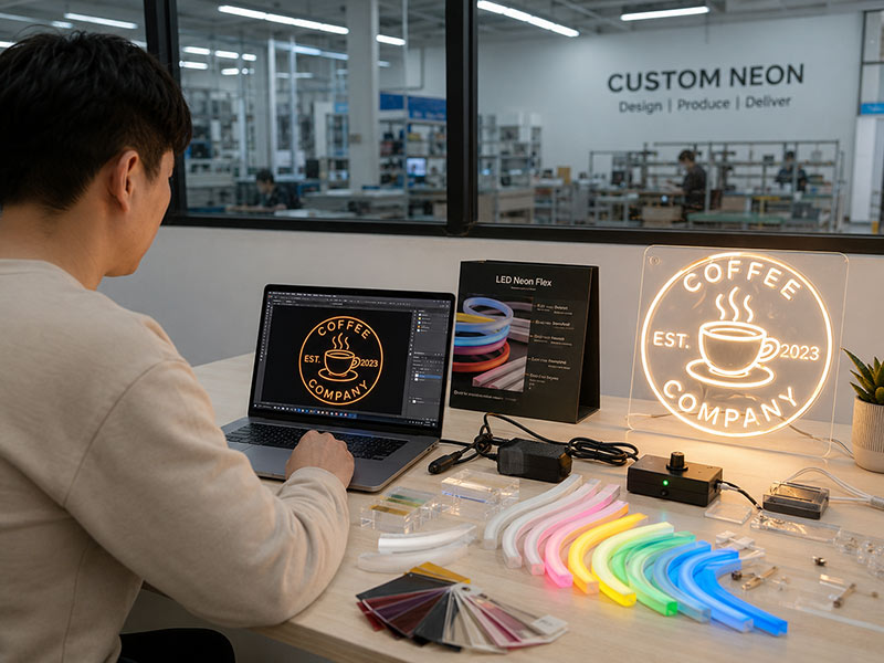 Designer reviewing a custom neon sign logo file with LED neon flex samples