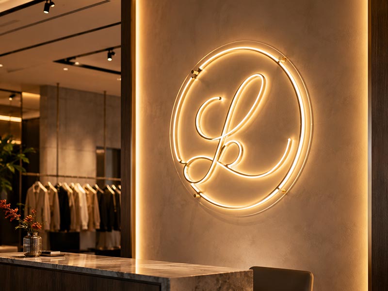 Custom LED neon logo sign installed on a commercial brand wall