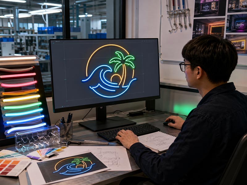 Custom neon sign design review with logo mockup and LED neon samples