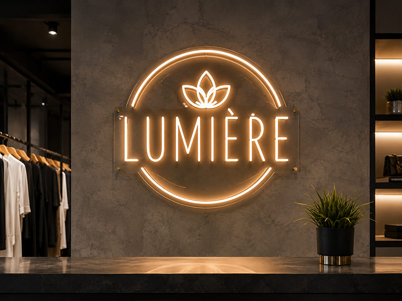 Custom LED neon logo sign manufactured for a commercial brand wall