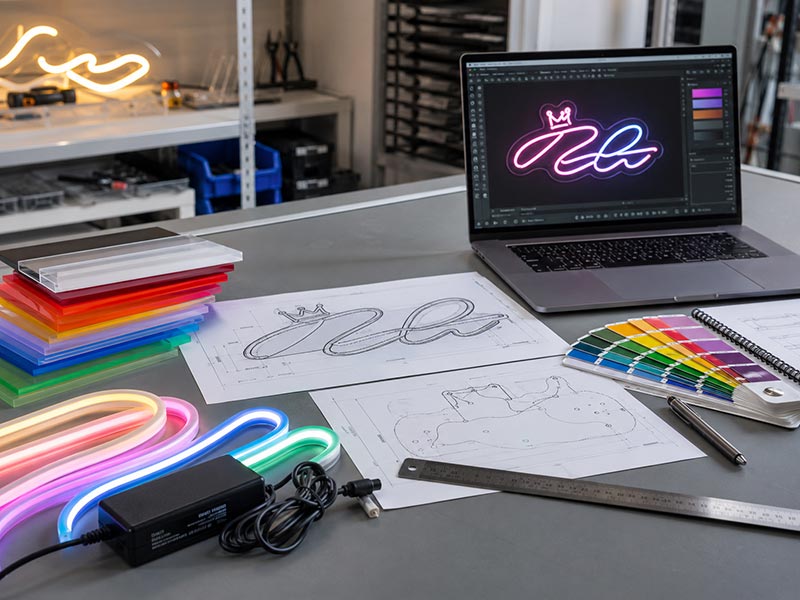 Custom neon sign mockup and production drawing review