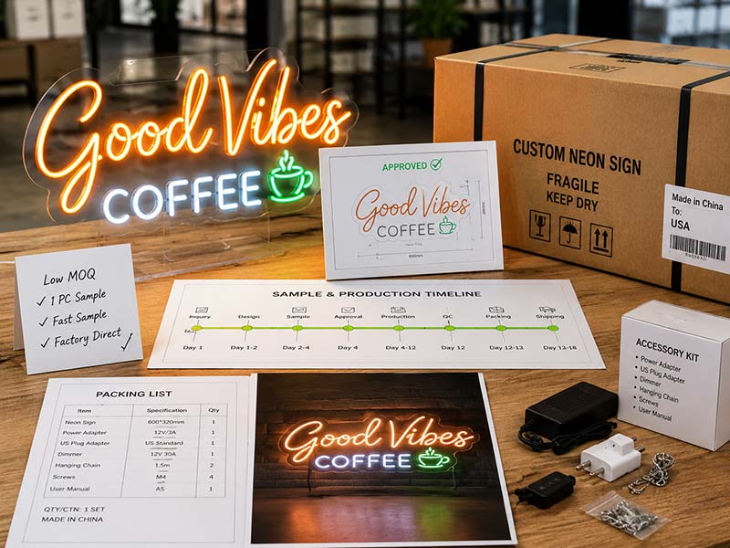 Custom neon sign MOQ, sample approval, production schedule, and packaging planning
