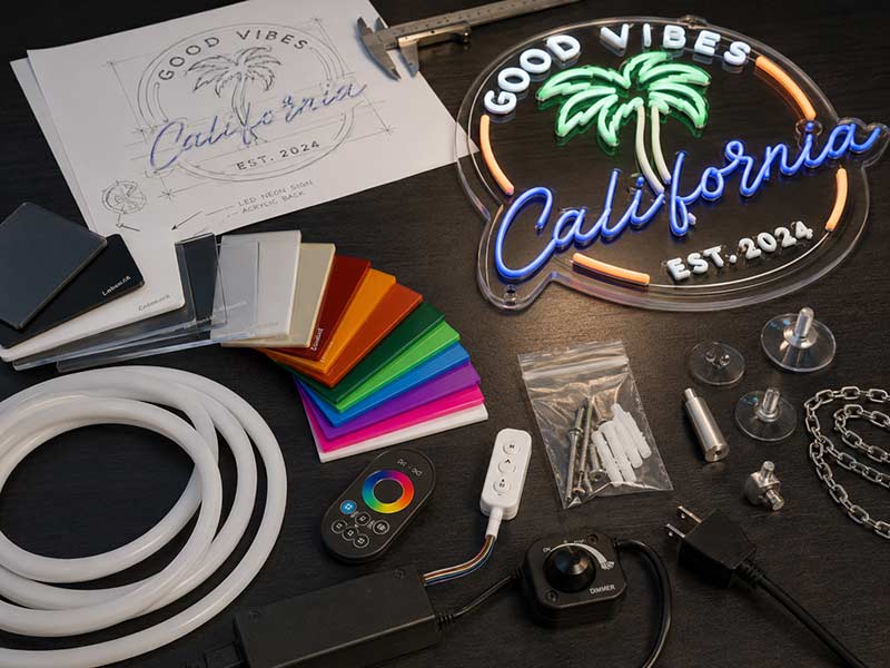 Custom neon sign options including logo design, acrylic backboard, colors, plug, dimmer, and mounting accessories