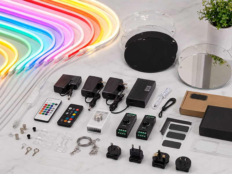 Custom neon sign options including LED colors acrylic backboards plugs and packaging
