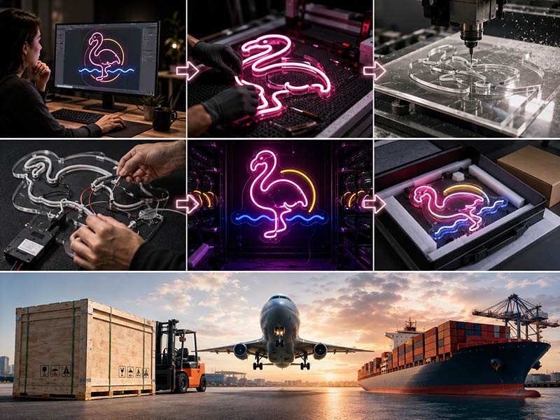 Custom neon sign manufacturing process from artwork review to shipment