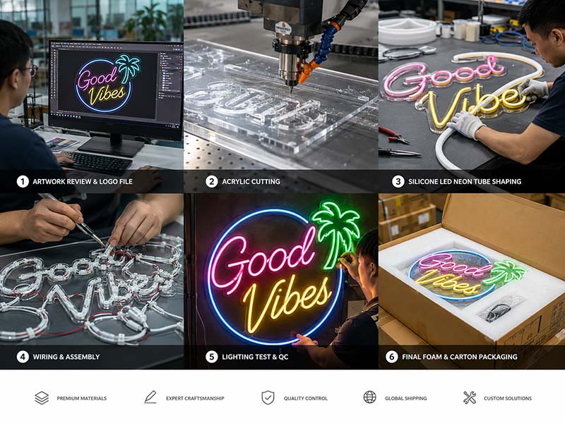Custom LED neon sign production workflow including artwork review, acrylic cutting, assembly, testing, and packaging