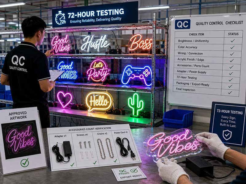 Custom LED neon signs under 72-hour testing and quality inspection before shipment