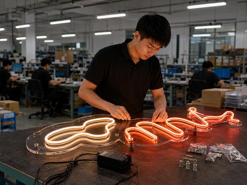 Premium custom LED neon sign quality inspection with acrylic backing and accessories