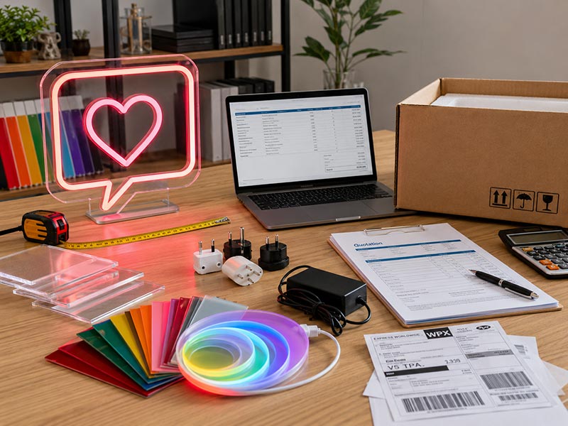 Custom neon sign quote factors including size color acrylic plug packaging and shipping