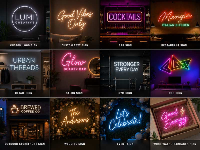 Custom logo, text, bar, restaurant, retail, salon, gym, RGB, outdoor, wedding, event, and wholesale LED neon signs from a China factory