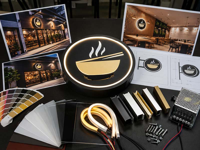 Restaurant LED sign customization workspace with logo materials and samples