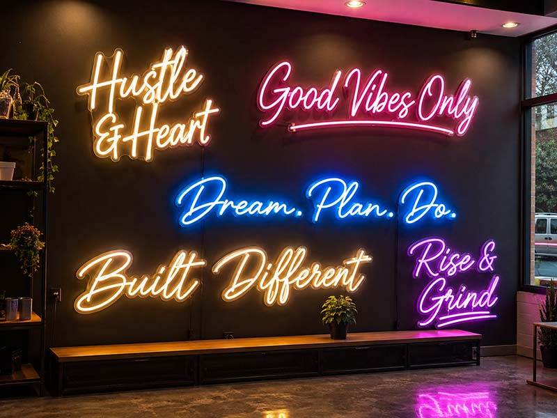 Custom text LED neon signs in different fonts and colors