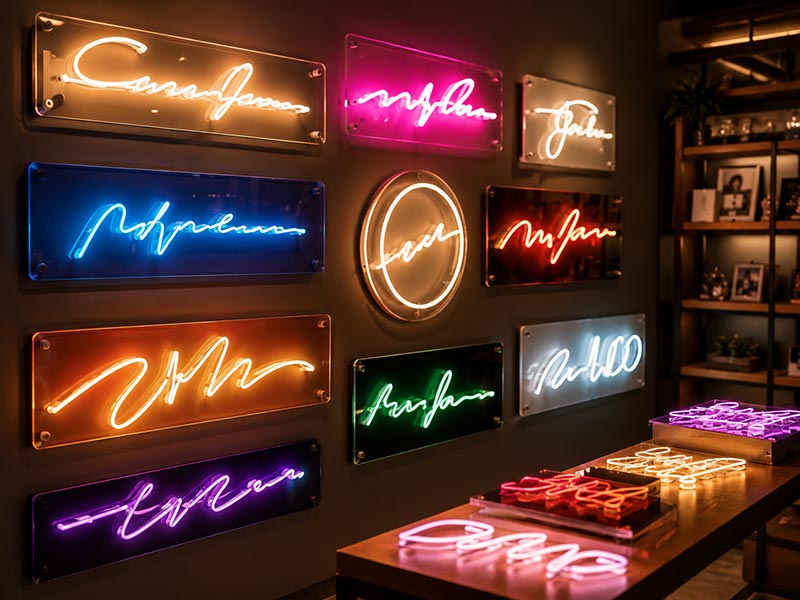 Custom LED neon text sign samples with different fonts and colors