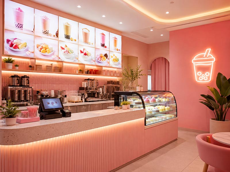 Dessert shop LED neon sign and light box for soft brand colors