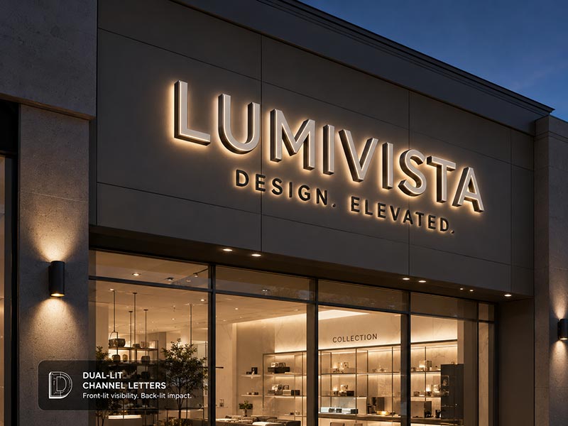 Dual-lit channel letters for high visibility storefront branding