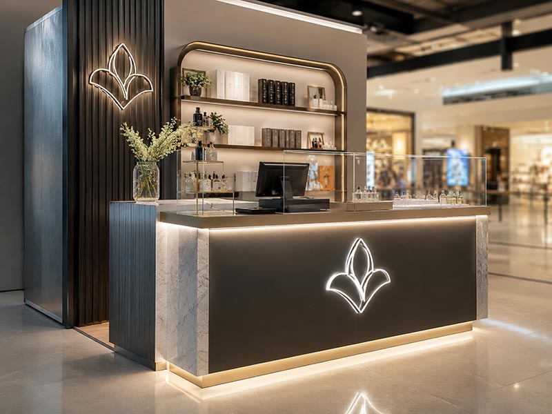 Edge-lit acrylic LED logo sign for a mall counter display