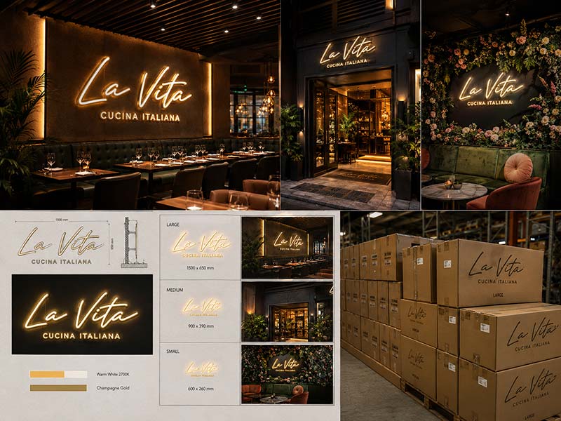 Custom LED neon logo signs for a European restaurant chain with multi-size production and export packaging