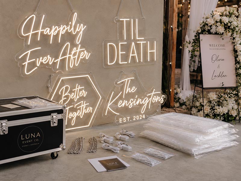 Custom LED neon wedding and event signs with hanging accessories and protective packaging