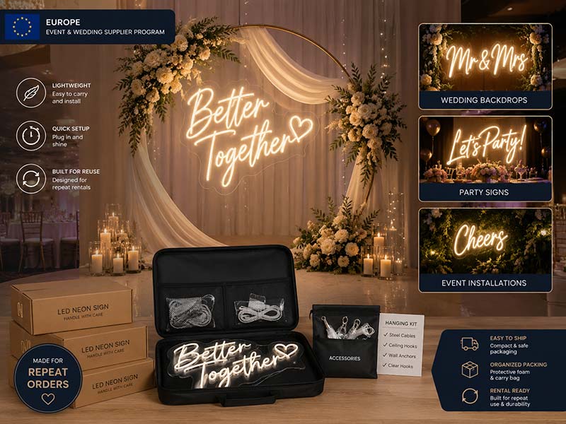 Lightweight custom LED neon signs for a European event and wedding supplier with reusable packaging