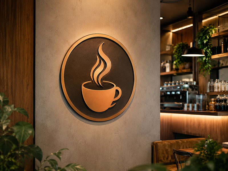 Flush mounted cafe logo sign on wall